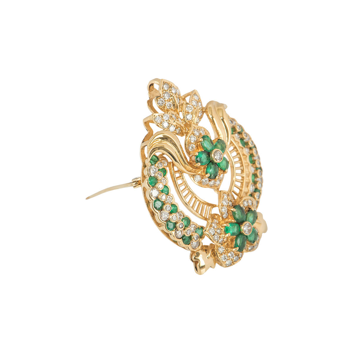 Yellow Gold Diamond And Emerald Floral Pendant/Brooch